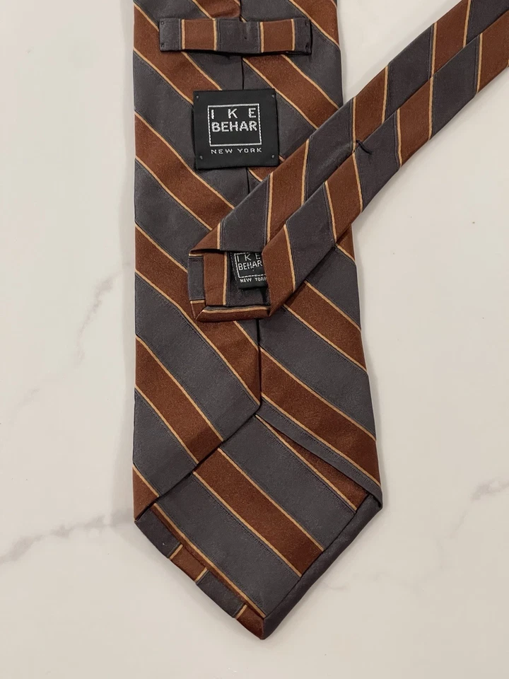 Corbata de cuello de diseñador Ike Behar New York marrón a rayas 100 % seda para hombre Foto 2 de 2