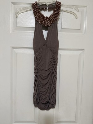American Rag Brown Knit Beaded Halter Ruched Stretch Top S