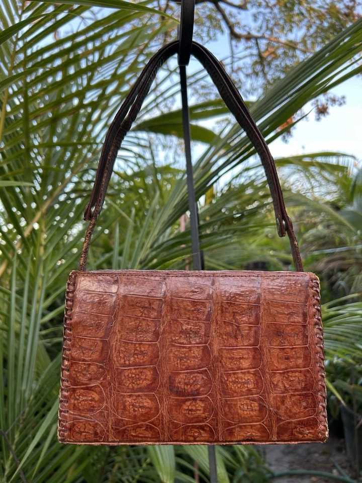 Bolsa de mão genuína de couro de jacaré mel, cor marrom âmbar trava quebrada - Imagem 4 de 4