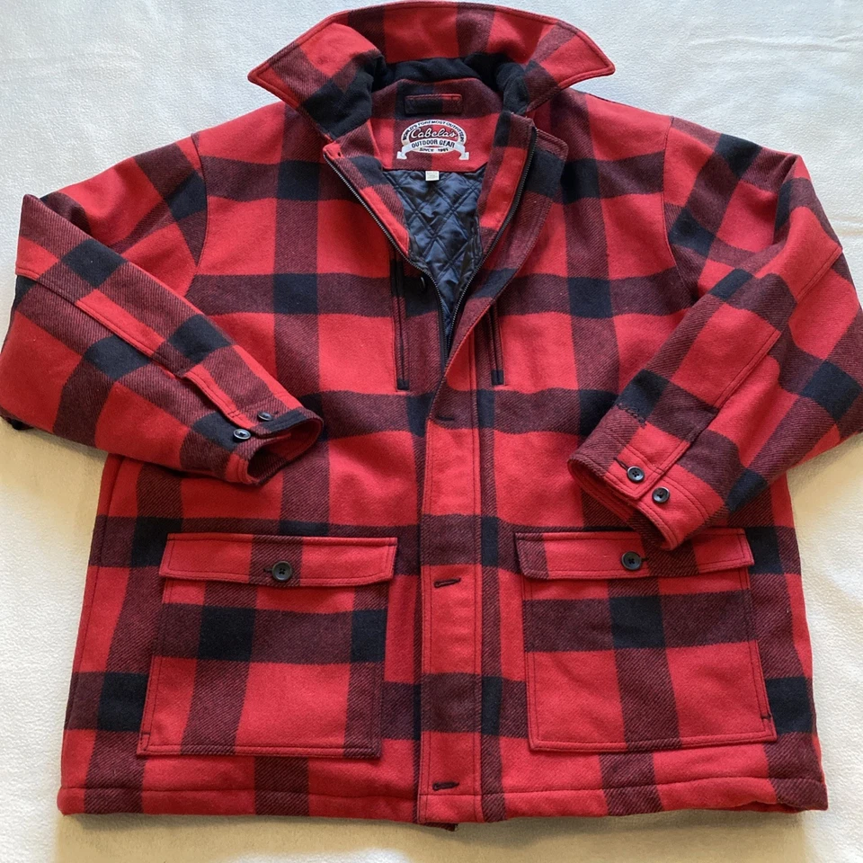 Cabela’s Outdoor Mens Wool Hunting Jacket Red Black Buffalo Plaid Thinsulate 3XL - Image 2 of 4