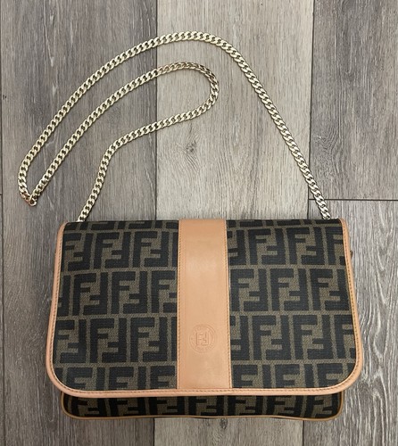 Vtg Fendi Zucca PVC Vinyl Messenger Flap Gold Chain Strap Crossbody Bag Revamped