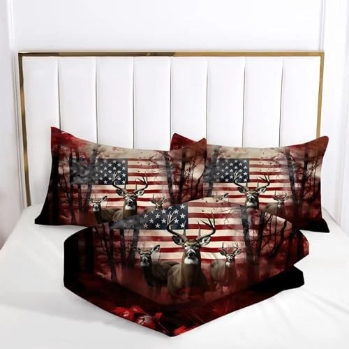  Juego de edredón bandera americana rojo y blanco alce EE. UU. tamaño edredón para niños King Rwl Foto 2 de 4