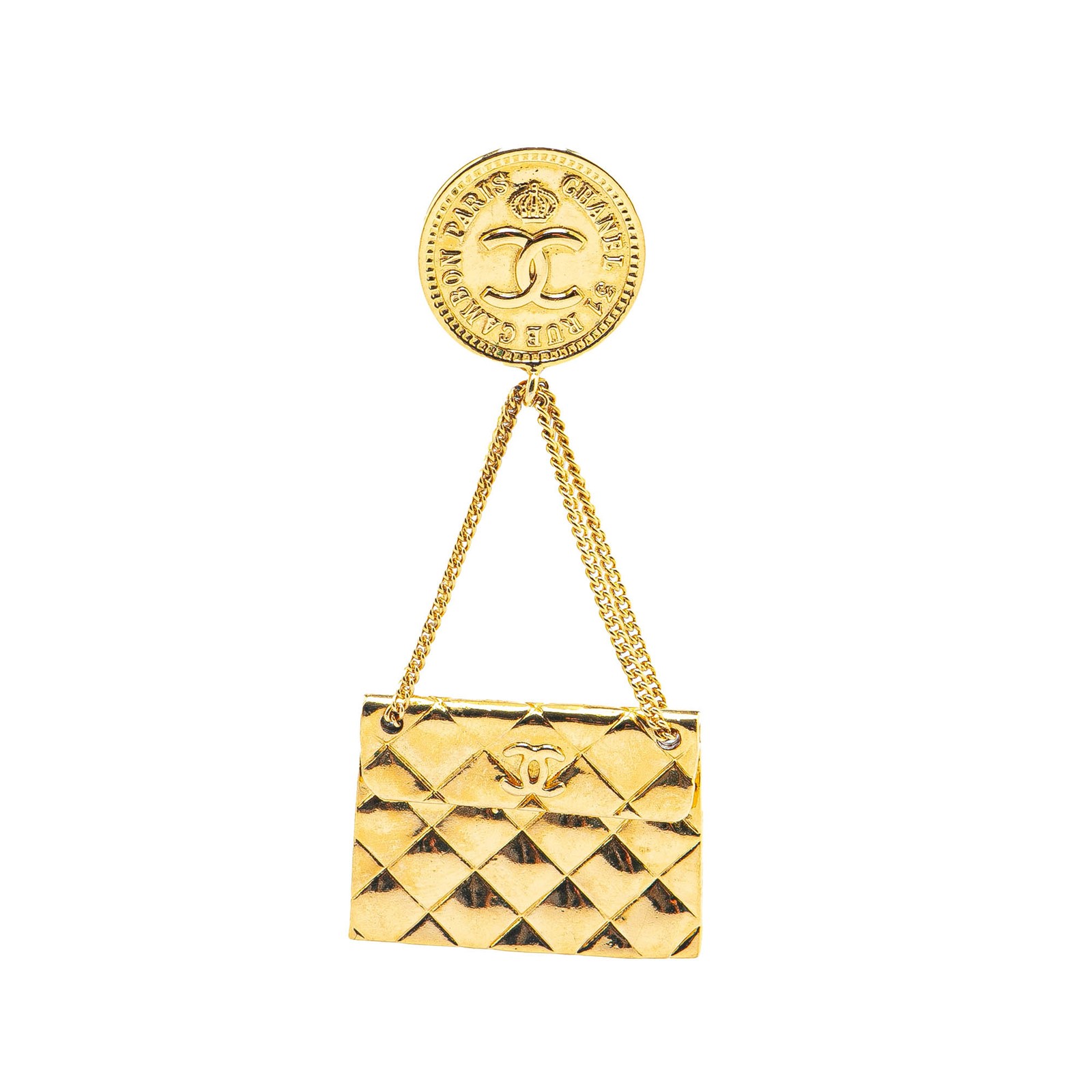 Chanel Gold Plated CC Quilted Flap Bag Brooch Pin Accessory