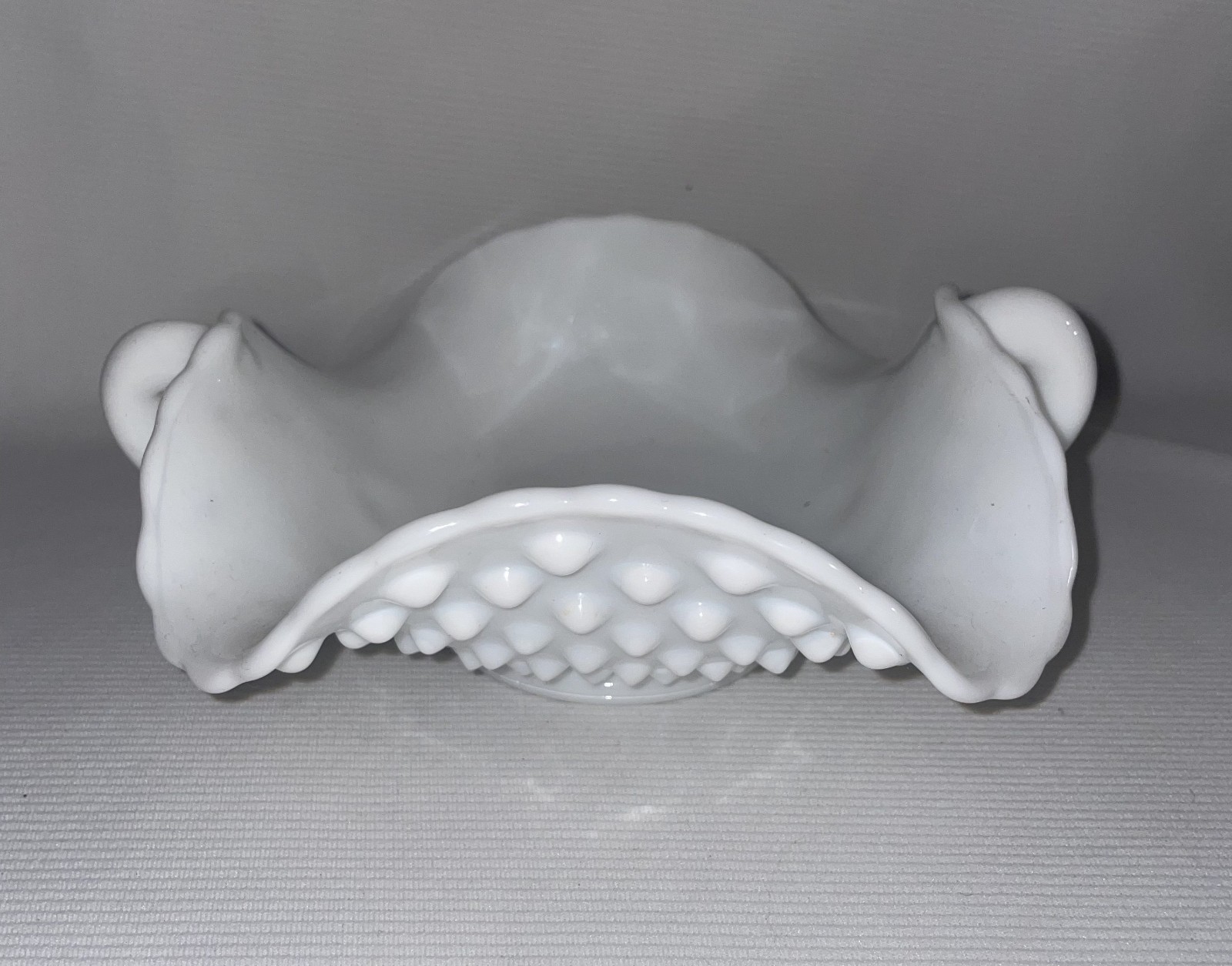 Vintage Fenton White Milk Glass Hobnail Double Handle Ruffled Edge Candy Dish