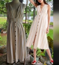 Urban Outfitters Millie Mustard And Cream Vertical Stripe Open Back Dress 12