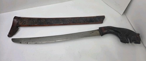 Vintage Indonesian Parang Golok Sword Carved Tiger Handle Wood Scabbard
