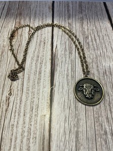Vintage 1975 Malcom Hereford Cows Cocktails 30 Proof Pendant & Chain, Brass Tone