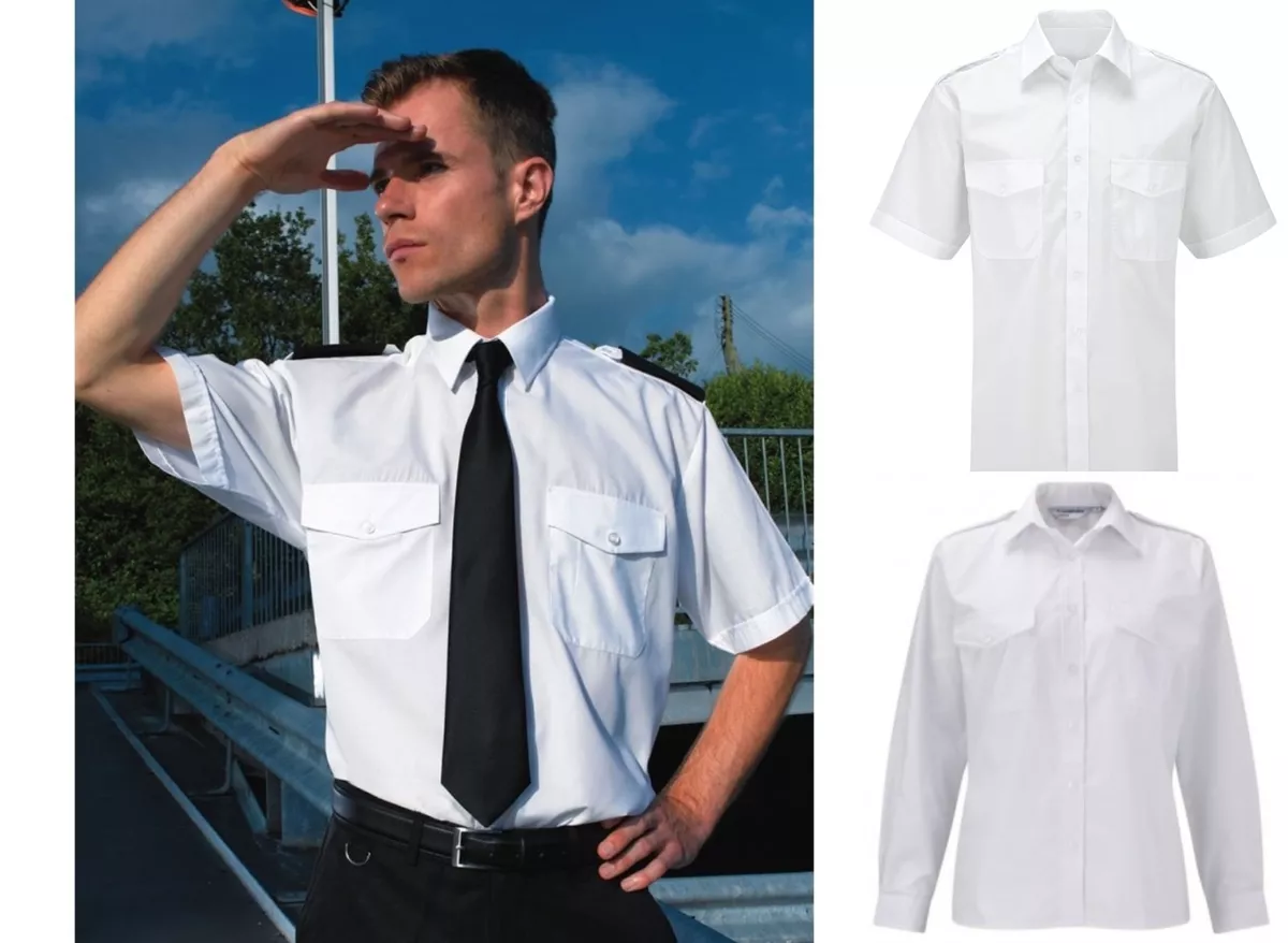 CAMISA UNIFORME DE PILOTO PARA HOMBRE MANGA CORTA MANGA LARGA BLANCA Y AZUL CHARRETERAS SEGURIDAD |