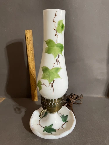 VINTAGE MILK GLASS IVY HURRICANE LAMP ELECTRIFIED 14"