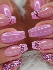 24pcs Long Coffin Pink Glitter Fake Nail Kit False Nails Press On Nails Glue On