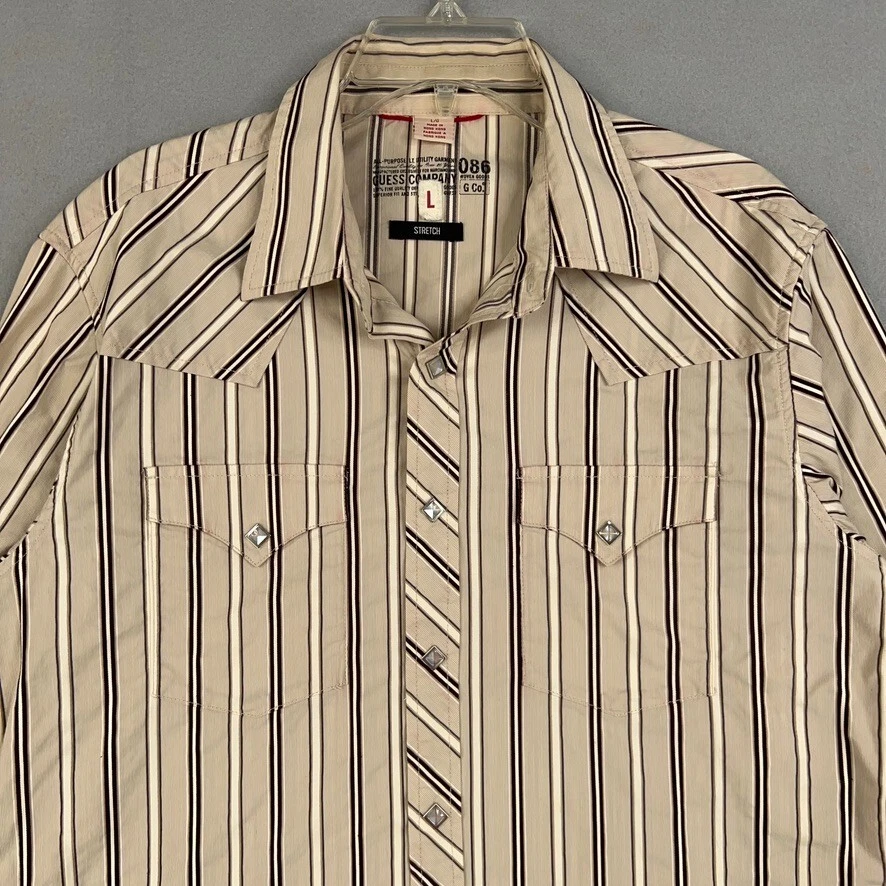 Vintage Guess Shirt Mens Large Beige Striped Stretch Diamond Snap Western 90s - Image 2 of 4
