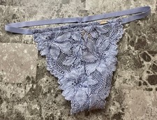 NWT VICTORIA'S SECRET PINK BLUE FLORAL LACE LOGO STRETCH THONG V STRING PANTIES