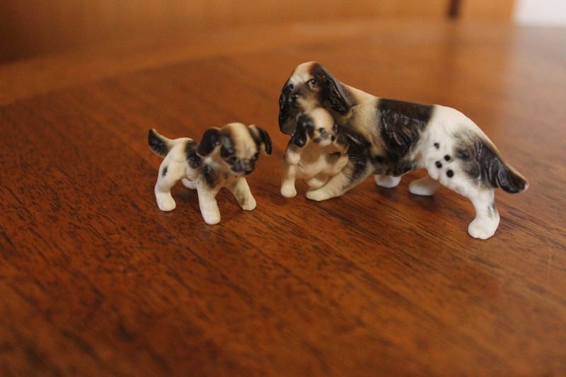 Vintage Bone China English Setter Dog  Mom carrying pup and pup tagging beside 