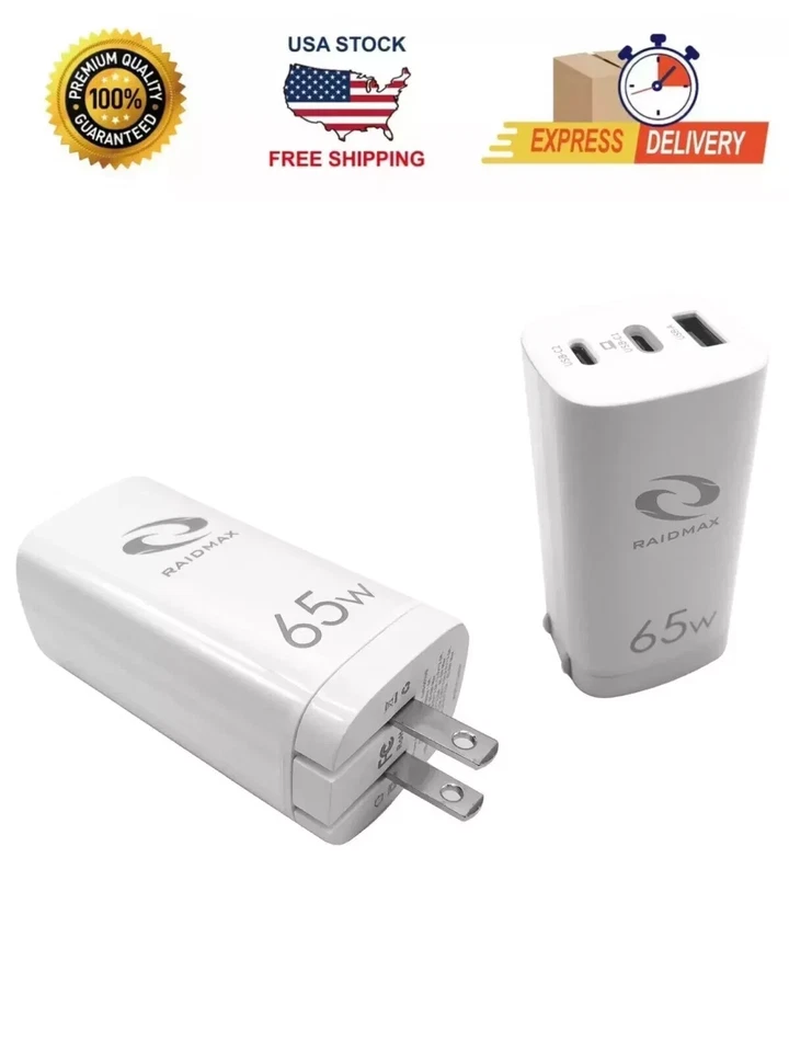 Cargador rápido rápido de 3 puertos RAIDMAX 65W GaN USB-C QC PD 3.0 adaptador de pared de alimentación Foto 2 de 4