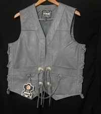 Men's Gray Original Leather Vest Chain Concho Motorcycle Biker Waistcoat New