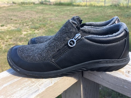 JBU by Jambu Crimson Faux Leather&Textile Black Gray Faux Fur Flat Shoes Sz 9.5M - Picture 4 of 12