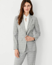 NEW ANN TAYLOR 179 GRAY PLAID NOTCHED ONE BUTTON BLAZER SZ 10
