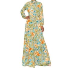 Janette Fashion Vintage Denim Blue Peach Floral Cuff Long Sleeve Maxi Dress