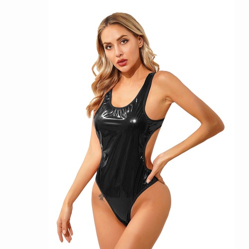 UK Womens One Piece Swimsuit PU Leather Backless High Cut Thong Leotard Bodysuit - Picture 22 of 33