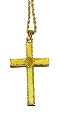 Vintage 1/20 12K Gold Filled Etched Cross Pendant Necklace With 18'' Rope Chain