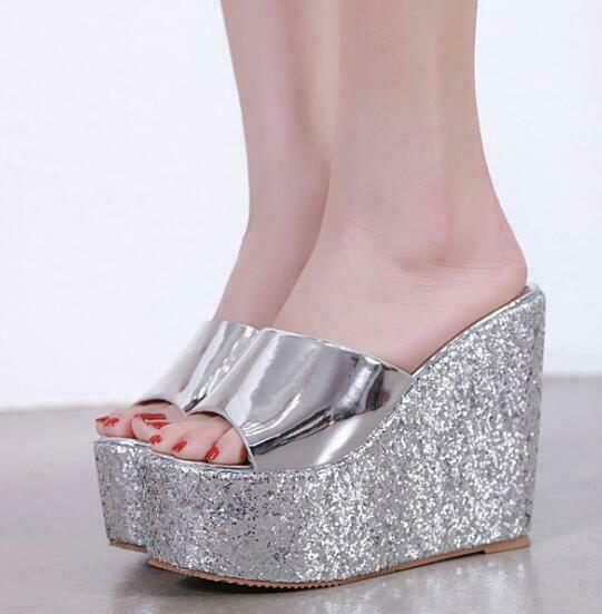 PANTOFOLA D’ORO Scarpe sandali ciabatte donna paillettes lucide zeppa alta plateau mules