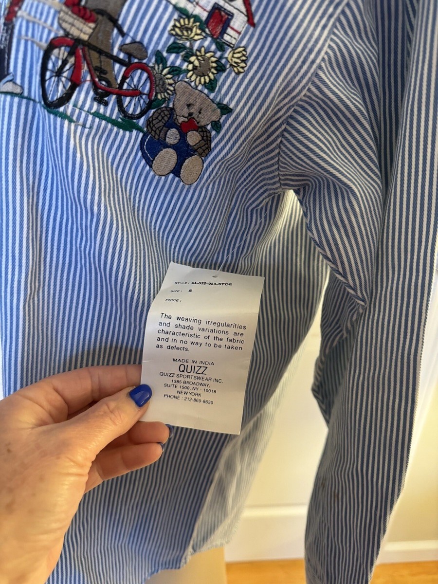 cotton Quizz Again Embroidered Bears Long Sleeve Blue White Striped Shirt