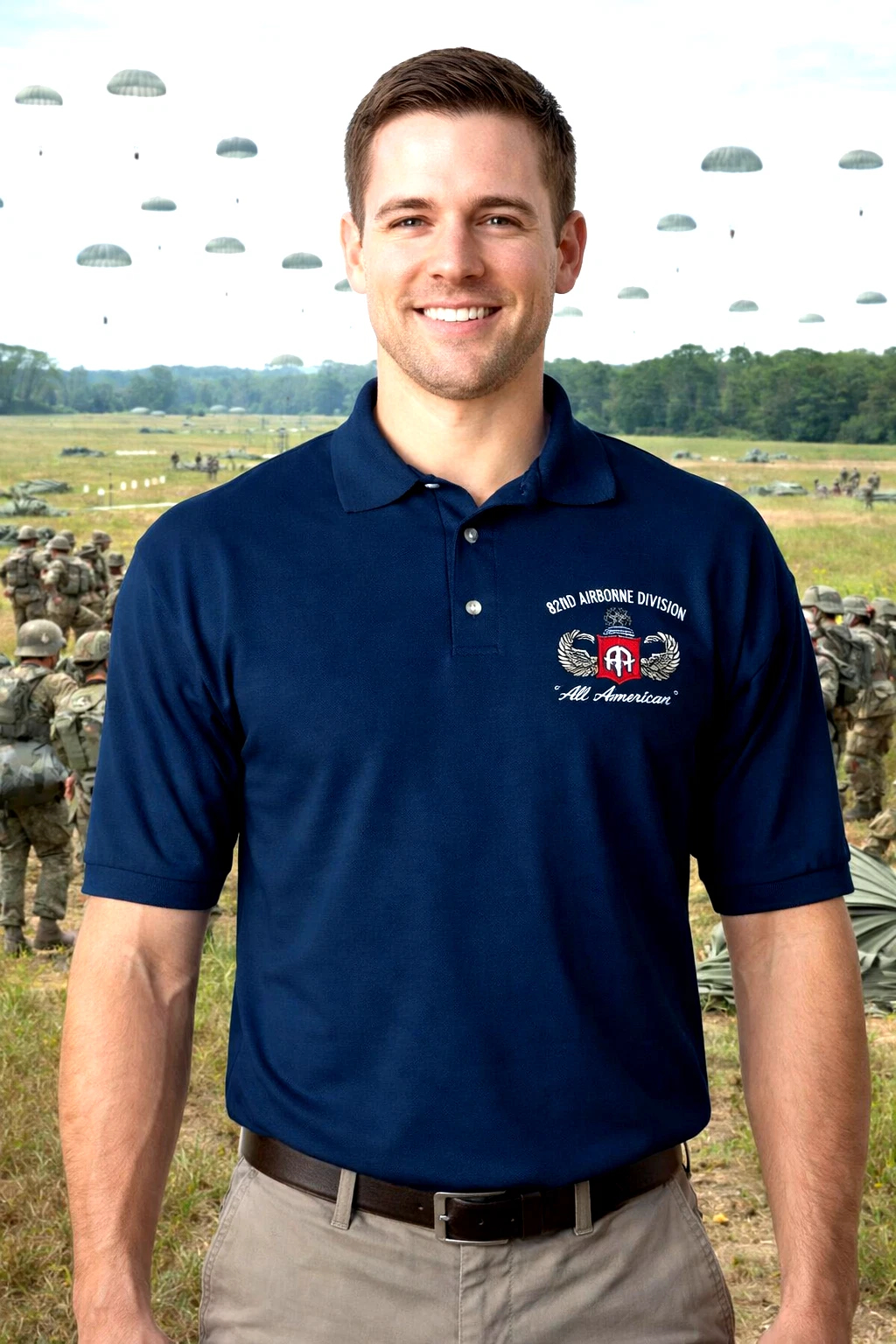 82ND AIRBORNE DIVISION* ALL AMERICAN*JUMP WINGS* EMBROIDERED POLO SHIRT.