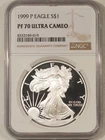 1999-P PROOF $1 AMERICAN SILVER EAGLE, 1 OZ .999 – NGC PF-70 ULTRA CAMEO