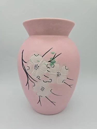 McCoy Pottery Vase Pink Dogwood Blossoms 9.25"x 6" Springtime Large Vase VTG MCM