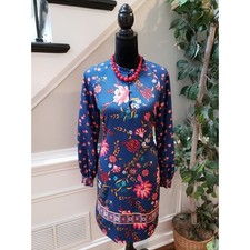 Loft Wildflower Satin Shift Dress Women's Size M Blue Collered Button Down
