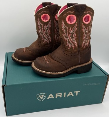 Ariat Fatbaby Leather Cowgirl Boots Kids Size 9 M Brown Pink Stitching With Box