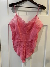 80's Vassarette Pink Shiny Nylon Lace Lingerie High Cut Bodysuit Teddy Large