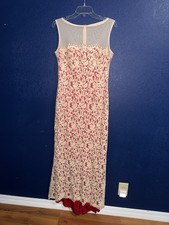 TADASHI SHOJI Ivory Tan Lace Overlay Red Maxi Dress evening gown illusion neck