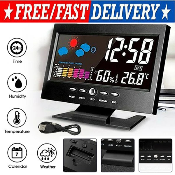 LED Digital Alarm Clock Snooze Calendar Thermometer Hygrometer Weather Display