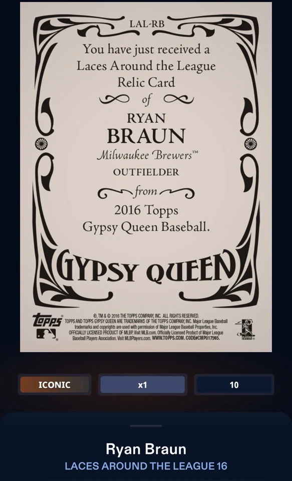 Cadarços Topps coloridos 2016 Ryan Braun rainha cigana ao redor da relíquia da liga /10 - Imagem 2 de 2