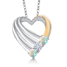 925 Silver and 10K Yellow Gold Simulated White Opal and Moissanite and White