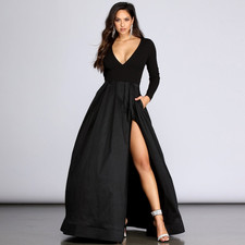 Windsor Black Solid V-Neck Long Sleeve Maxi Dress Side Slit Pockets Size 4