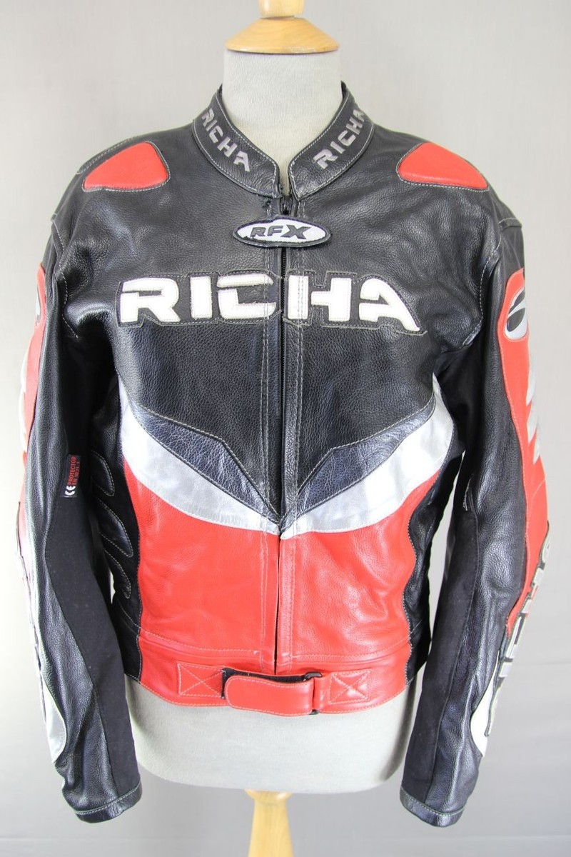 RICHA BLACK, RED & SILVER LEATHER BIKER JACKET WITH REMOVABLE CE RICHA BLACK, RED & SILVER LEATHER BIKER JACKET WITH REMOVABLE CE
