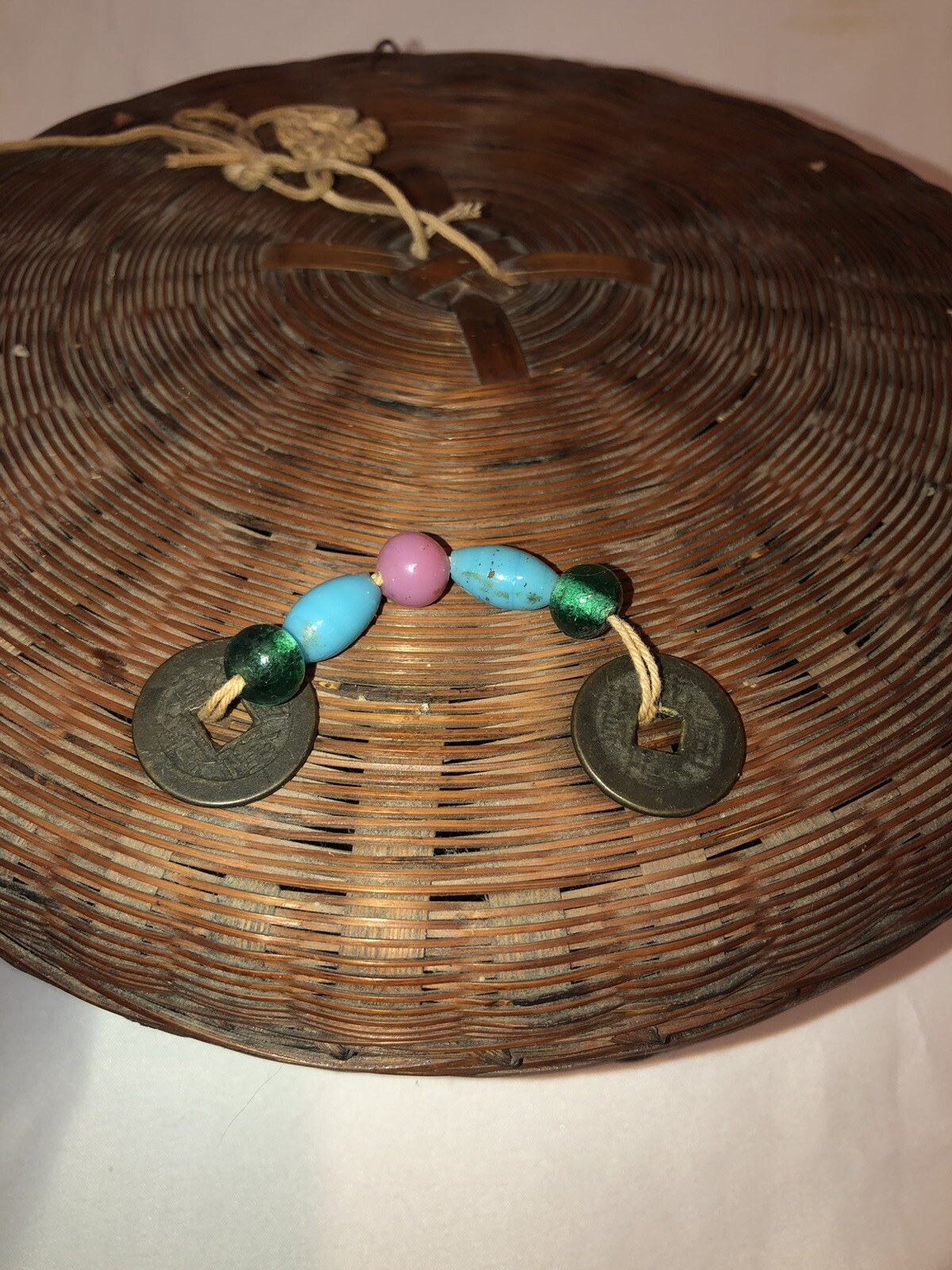 10” Round Native Antique Woven Pine Needles Chinese Sewing Basket Fun