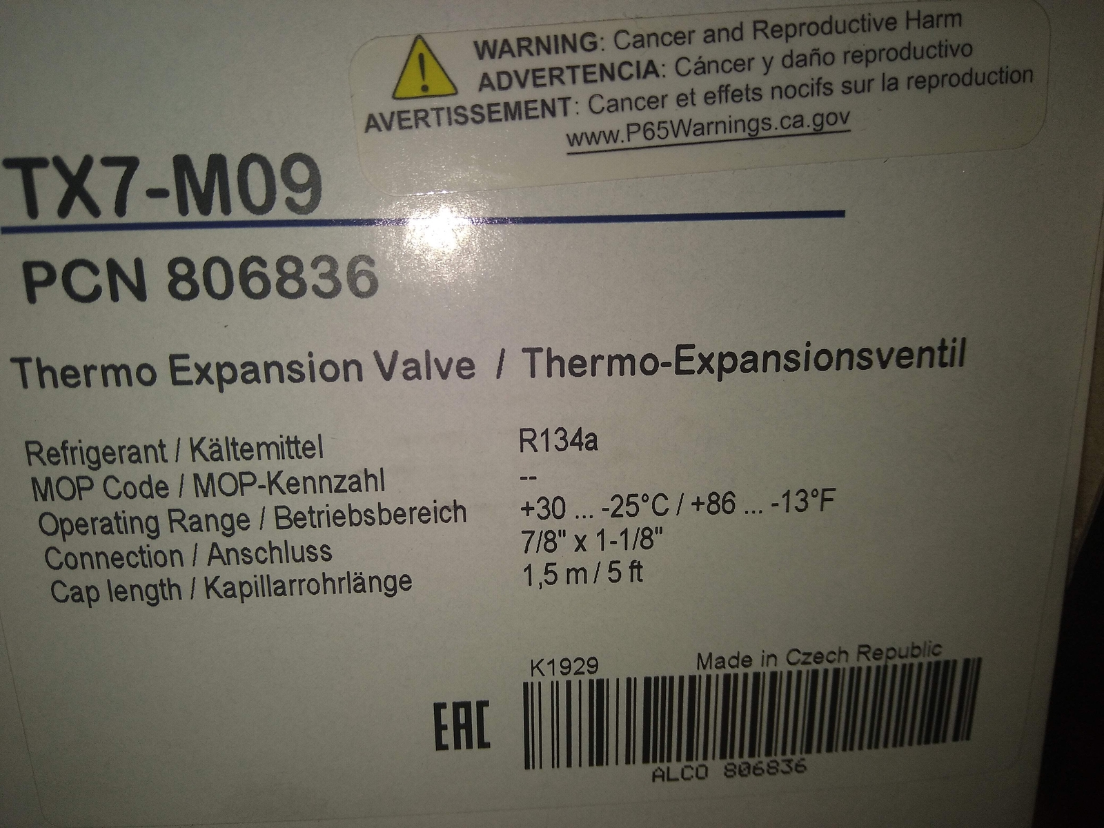 R104a Sign EMERSON CLIMATE TECHNOLOGIES TX7-M09 THERMOSTATIC EXPANSION VALVE 50 ...