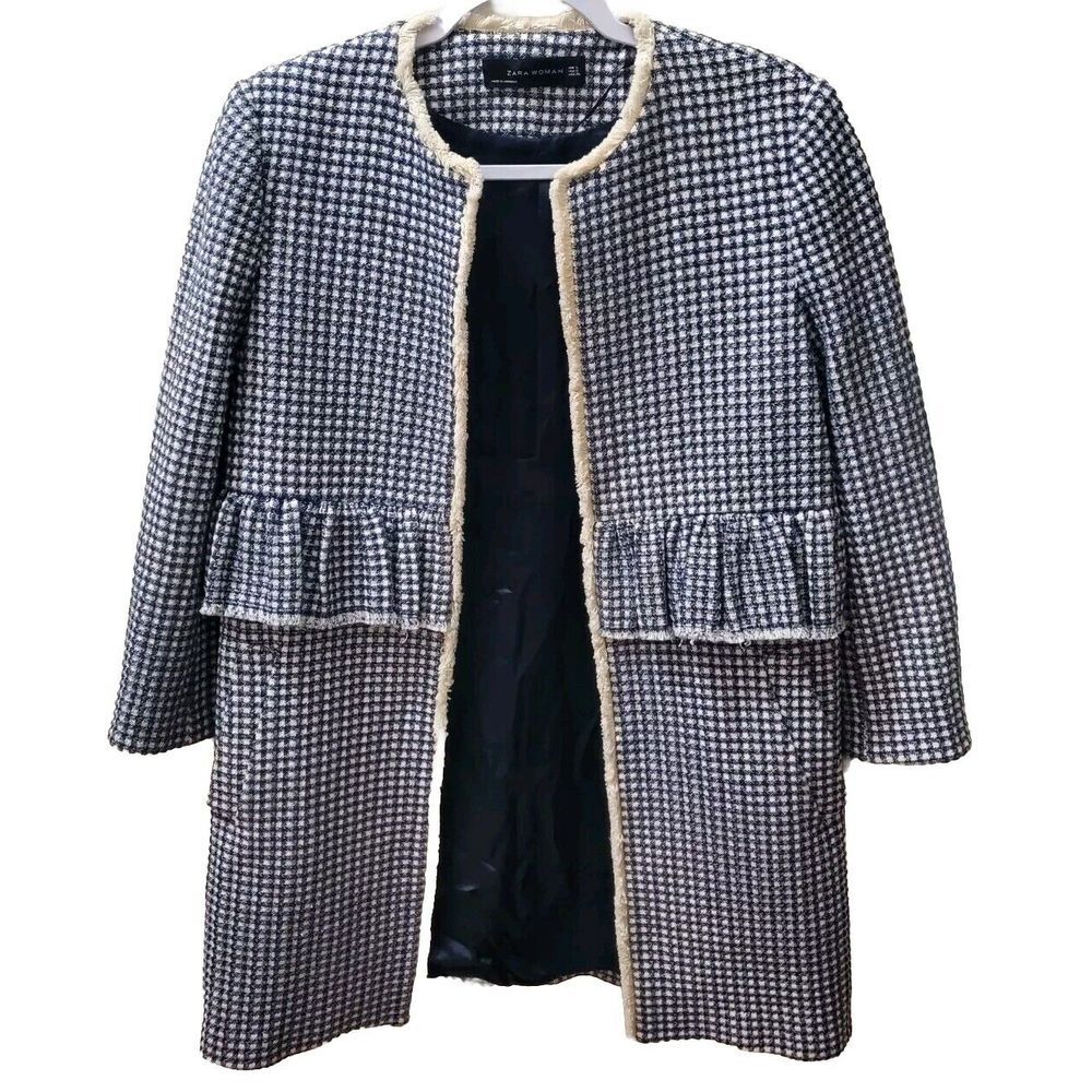 Zara Woman Navy Blue White Tweed Check Ruffle Peplum Coat Jacket Small