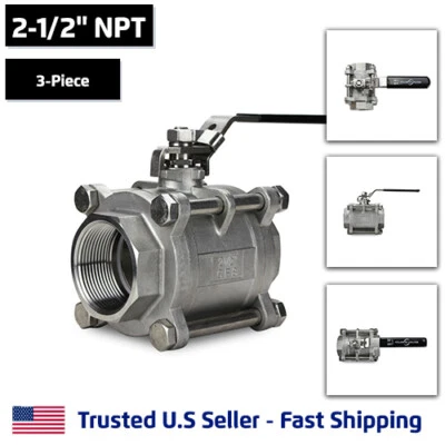 ATLANTIC VALVES 2-1/2" 3-Piece Full Port Ball Valve, Stainless Steel, FNPT Threaded SS, 1000 WOG