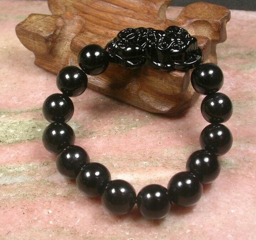 14mm Black Agate Jade Beads Dragon Pi Xiu Brave troops Luck Coin Bangle Bracelet - Picture 2 of 6