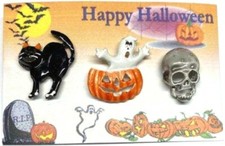Halloween 3 Style Lapel Pins on Card; Black Cat, Skull  Ghost in Pumpkin NEW