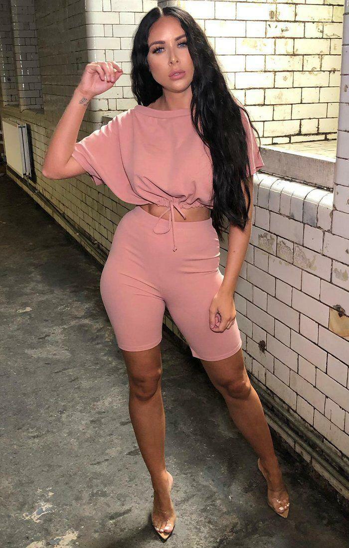 Women's 2 Piece Off The Shoulder Drawstring Crop Top u0026 Cycling Shorts Co  Ord Set | eBay
