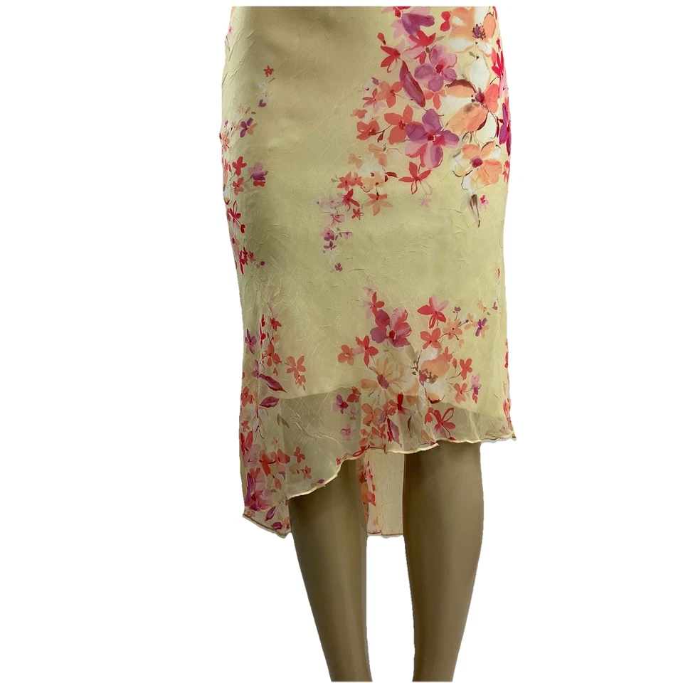 Vestido Vintage Y2K Talla 7/8 Amarillo Floral Slinky Fairycore Cuello Drapeado Asimétrico Foto 3 de 4