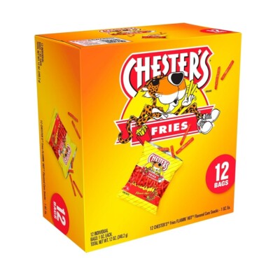 Chester's Fries HOT FLAMIN' Corn Snacks Crunchy 12oz, 12-1oz Single Bags Chester