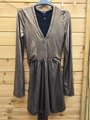 Womens River Island Party Disco Metallic Brown Gold Skater Dress Size 12 L  Next UK