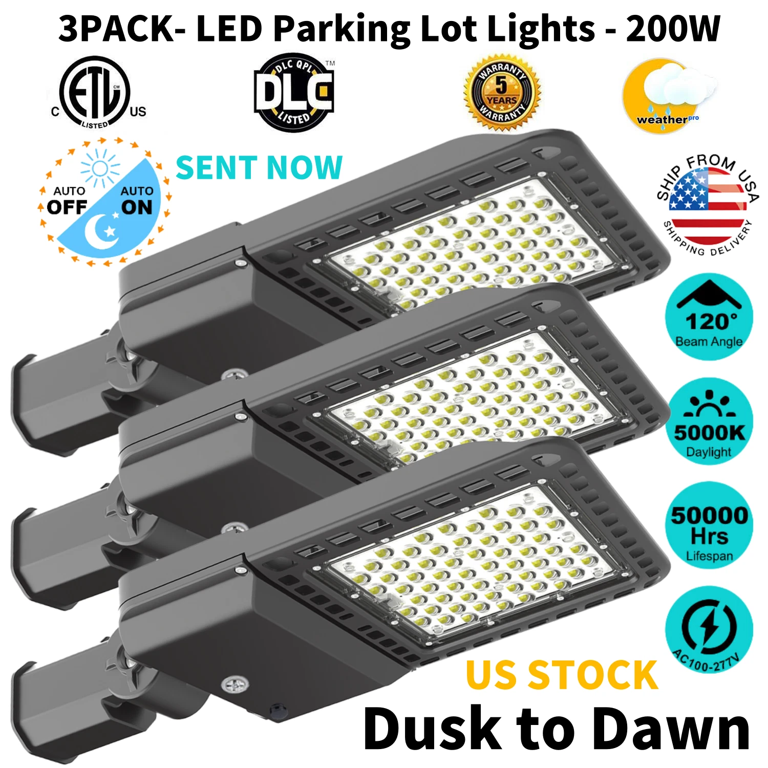 LED Parking Lot Light, 3 Pack 200W LED Shoebox Light with Dusk to Dawn Photocell