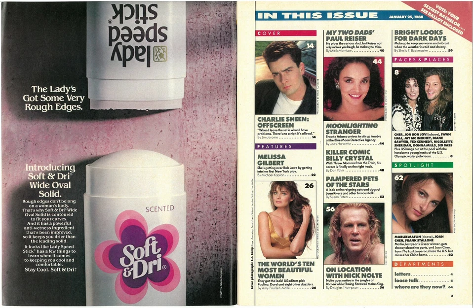 US MAGAZINE JANUARY 25, 1988 CHARLIE SHEEN, BILLY CRYSTAL, REISER, PORIZKOVA! - Image 3 of 4